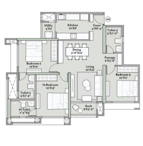3 BHK floor plan at Prestige Garden Trails Mira Road Dahisar